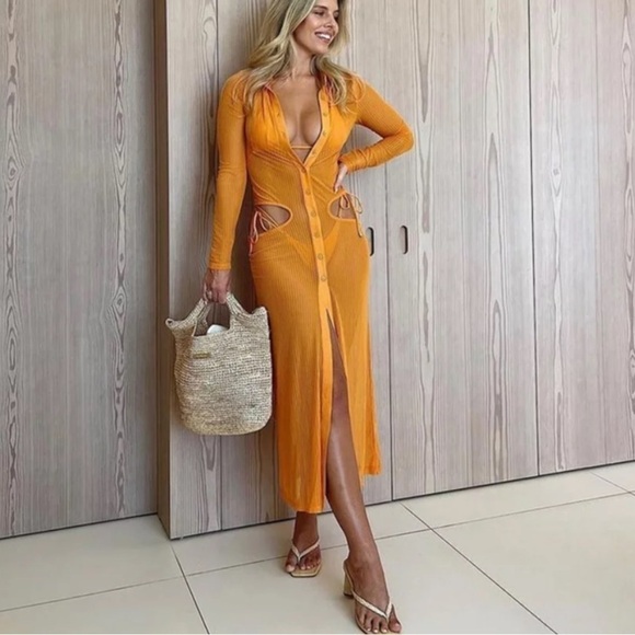 Cabo Casual Slim Fit See Through Cut-Out Long Sleeves Coverup Midi Dress. - Picture 1 of 11